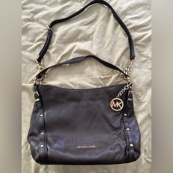 Michael Kors Handbags - Michael Kors Leigh Dark Brown Shoulder Bag with Gold Accents